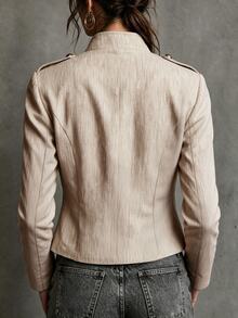 LUMIGAL Apricot Faux Linen Stand Collar Napoleon Metal Decorative Buttons Vintage Casual Style Short Jacket For Women - Apricot - View 2