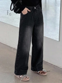 DAZY Tween Girl Casual Daily Wide Leg Denim Jeans With Pockets And Buttons - Black - View 6