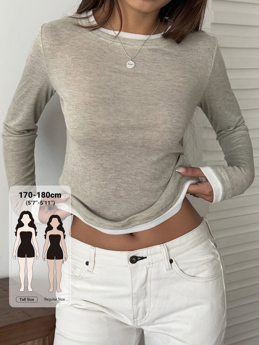 Dazy Tall Women's Patchwork Contrast Color 2 In 1 Combined Round Neck Long Sleeve Casual Street Vacation Spring Autumn Base Layer T-Shirt - Apricot - View 1