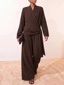 Zivah Solid Wrap Knot Side Blazer & Wide Leg Pants Suit Set - Brown - View 1