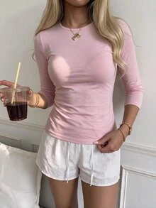 CovetEZ 女款圓領中袖簡約粉色百搭修身短版側開衩T恤，適合秋季，Y2K風格 - 淺粉色 - 查看 6