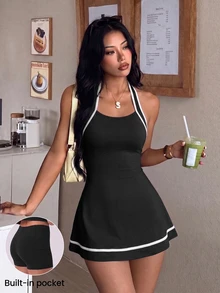 SHEIN Dewbera 春夏女款運動洋裝，黑色拼接色塊掛脖露背拼接設計，附可拆卸短褲口袋，運動休閒風保守健身運動服 - 黑色 - 查看 5