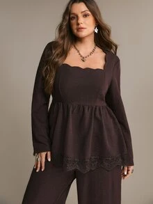 Freevana Square Neck Peplum Top And Wide-Leg Pants Two Pieces Set With Lace Hem, High-Waist Elegant Outfit Fall - Mocha Brown - View 6