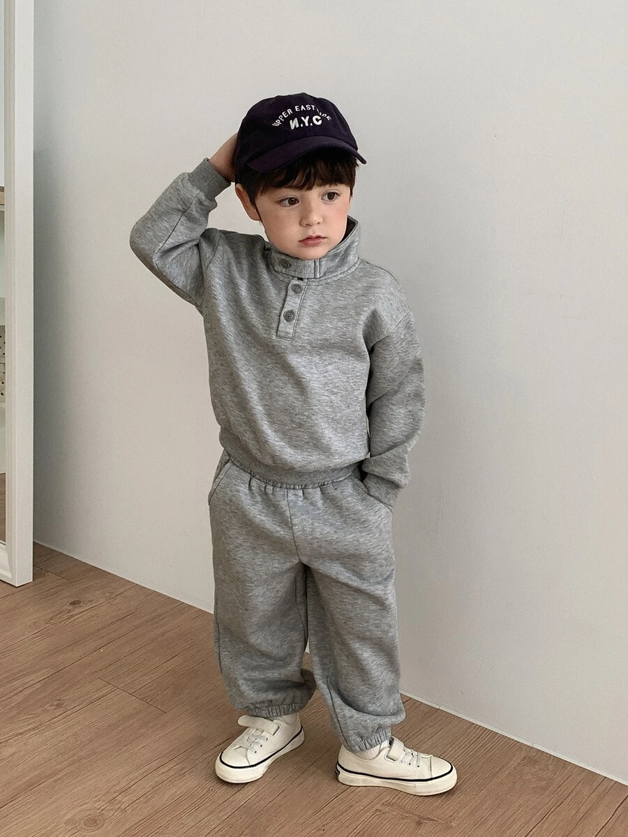 DAZY Infant (Boy) Round Neck Solid Color Casual Long Sleeve 2 Pieces Sweatshirt Set - Grey - View 1