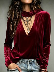 LUMIGAL Autumn/Winter Party Christmas Wine Scarf Decor V-Neck Pleated Design Long Sleeve Loose Fit Women's Top - Multicolor - View 5