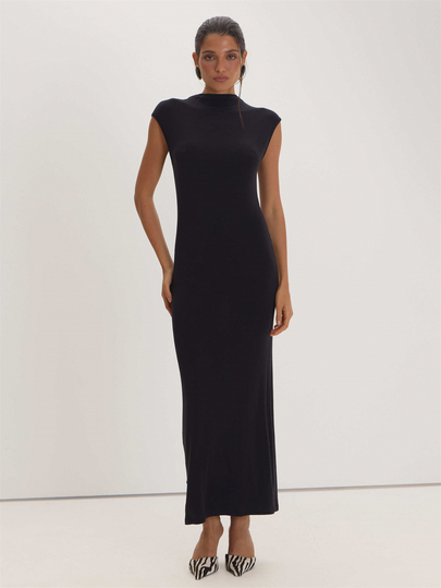 MUSEYN Vestido Maxi Ajustado de Jersey Negro con Manga Corta Versátil para Uso Diario Casual Citas Noche Otoño