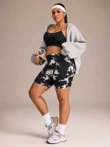 SHEIN Rhythm Era Women's Plus Size Tie-Dye Colorblock High Neck Sports Shorts - Black - View 7