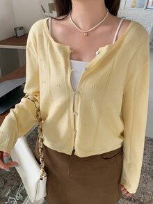 Dazy Plus Plus Size Korean Style Spring/Autumn Jacquard Button Long Sleeve Knit Cardigan - Yellow - View 8
