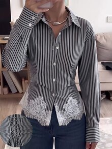 Firerie 女款黑白條紋長袖襯衫，綁帶腰部後背設計，日常通勤辦公商務，修身剪裁，春夏秋季 - 黑色 - 查看 1