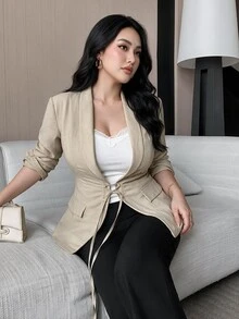 Feyla Plus Size Casual Elegant Drawstring Long Sleeve Blazer - Khaki - View 6