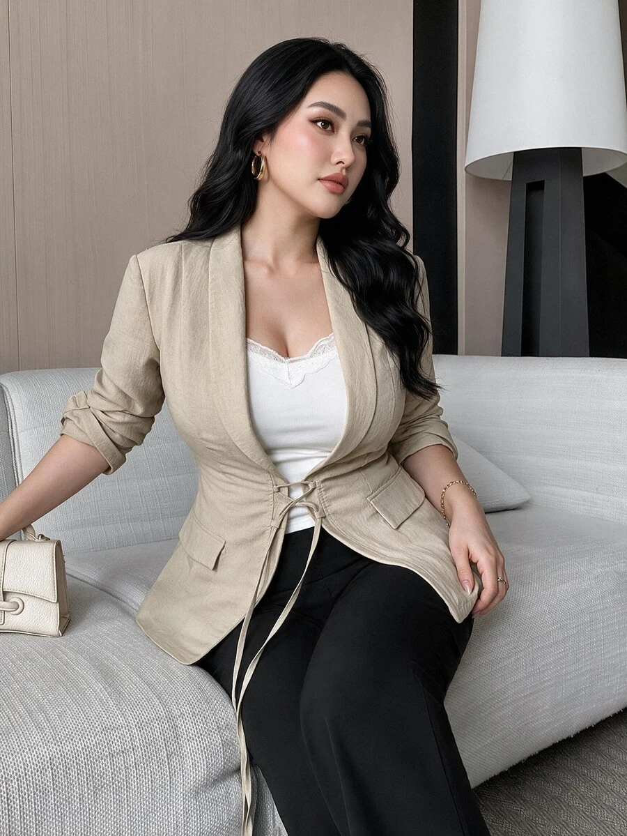 Feyla Plus Size Casual Elegant Drawstring Long Sleeve Blazer - Khaki - View 1