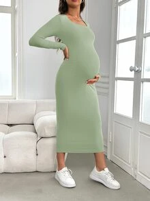 SHEIN 孕婦嬰兒派對女款洋裝 秋冬綠色長袖修身孕婦洋裝 - 綠色 - 查看 3
