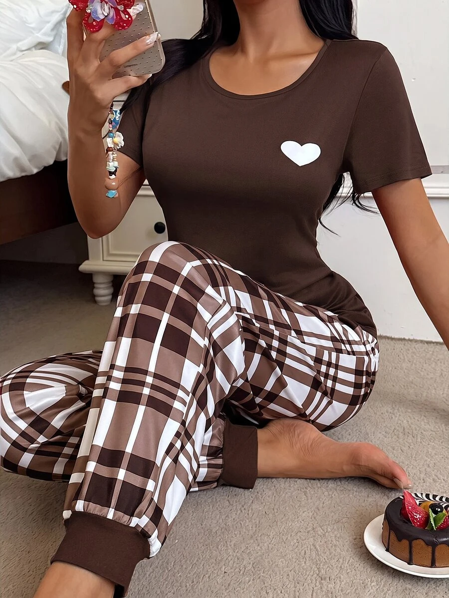 Dream Adore Casual Heart Print Short Sleeve Top & Plaid Print Long Pants Women Pajama Set - Coffee Brown - View 1
