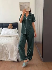 Napfluff 春夏女款休閒舒適條紋圖案開襟短袖長褲睡衣套裝 - 綠色 - 查看 4