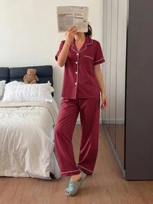 Napfluff 春夏女款休閒舒適條紋圖案開襟短袖長褲睡衣套裝 - 酒紅色 - 查看 4