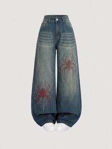 SHEIN ICON 大尺碼女款萬聖節蜘蛛網蜘蛛水鑽高腰寬腿牛仔褲，秋季 Y2K 藍色閃亮寬鬆丹寧長褲 - 藍色 - 查看 3