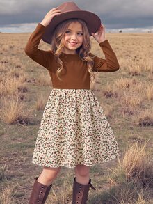 Young Girl Knitted Solid Color Round Neck Patchwork Floral Fitted Casual Autumn/Winter Dress - Multicolor - View 2