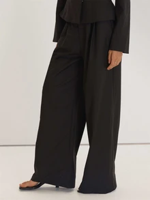 MUSEYN Black Woven Epaulette Detail Wide Leg Trousers Versatile Everyday Casual Fall - Black - View 3