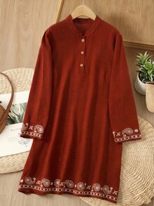 Rusticease Plus Size Women's Paisley Embroidered Cuff Button Design Long Sleeve Casual Dress - Brown - View 2