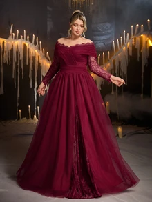Glamrae Plus Size Elegant Luxurious Burgundy Mesh & Lace Patchwork Off-Shoulder Ruched Slimming Flowy A-Line Maxi Dress Suitable For Prom Wedding Events Bachelorette Party Fashion Evening Gala Bridesmaid Formal Evening Gown - Burgundy - View 7