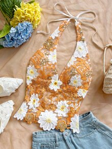 Soleia 新款性感浪漫花卉刺繡V領露背綁帶背心，適合約會、夜店、波希米亞風、度假、秋季女裝、復古、假期 - 亮橙色 - 查看 6