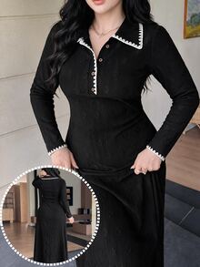 Feyla Gaun Ukuran Plus Elegan dengan Bordir Kerang dan Kancing Setengah Plaket - Hitam - View 1