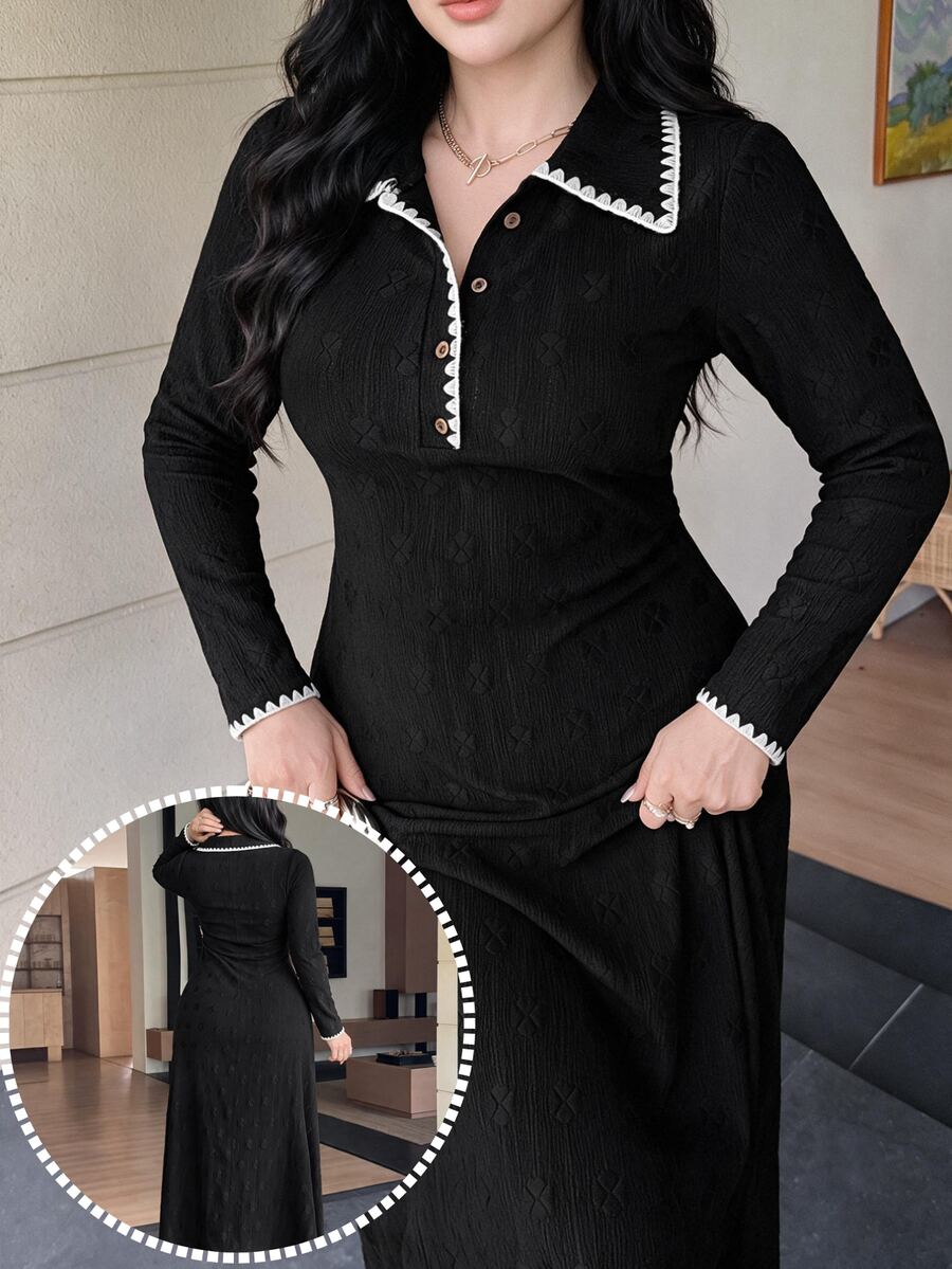 Feyla Gaun Ukuran Plus Elegan dengan Bordir Kerang dan Kancing Setengah Plaket - Hitam - View 1