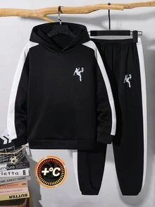 SHEIN 兒童青少年男孩休閒運動黑色連帽衛衣與慢跑褲套裝，適合秋冬、學校、家庭聚會、度假、派對，秋季穿搭、冬季穿搭，男孩兒童套裝 - 彩色 - 查看 2