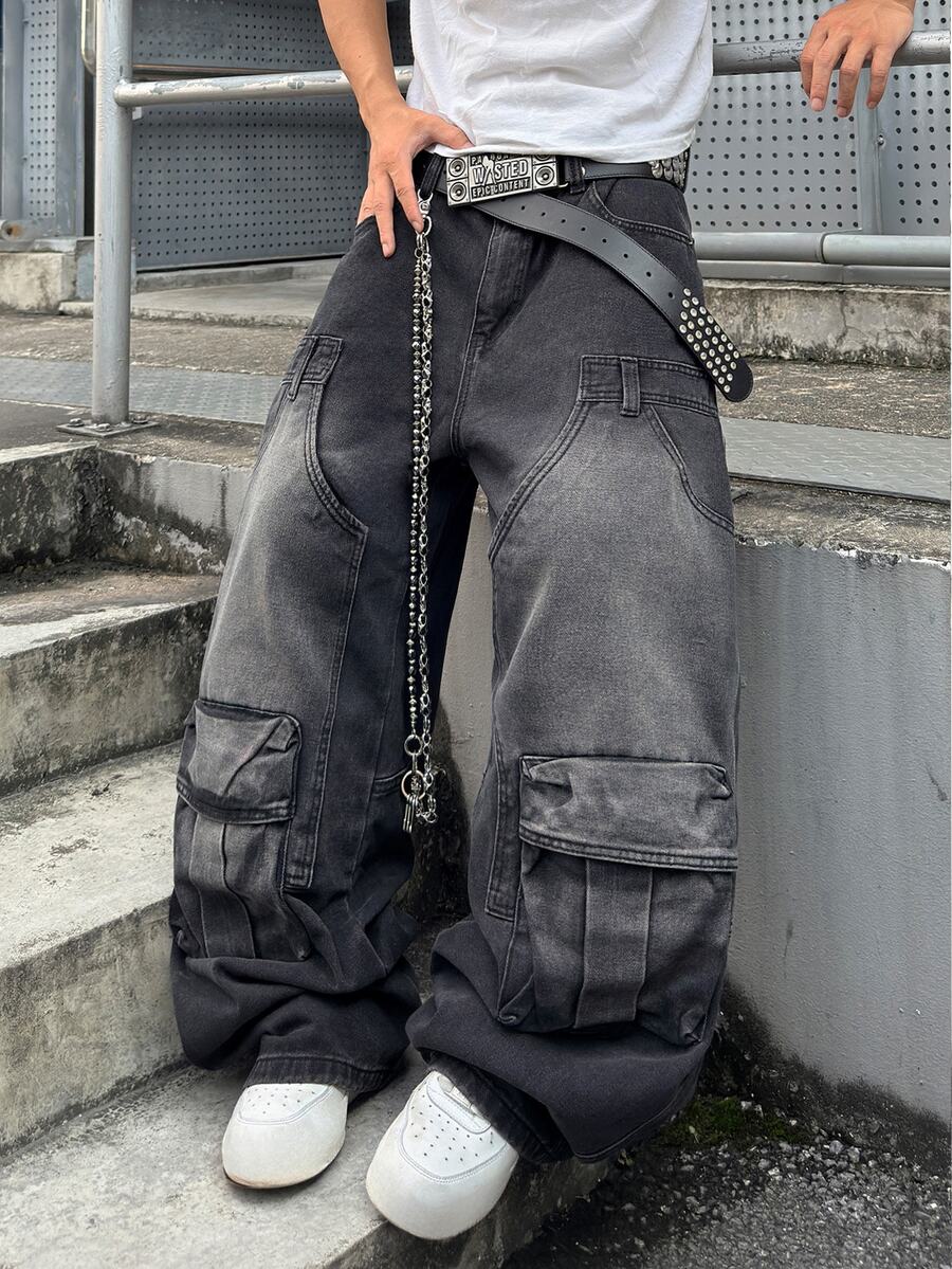 STEELVANCE Men's Streetwear Retro Fashion Versatile Distressed Washed Rivet Patchwork Multi-Pocket Design Loose Straight Wide Leg Casual Denim Jeans (Belt And Accessories Not Included) - Black - View 1