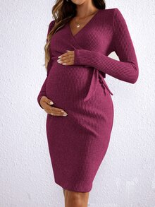 SHEIN 孕婦純色V領腰部打結休閒日常夏季洋裝 - 中紫紅色 - 查看 6