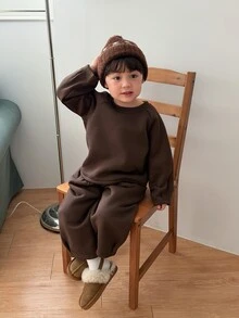 DAZY Infant Boys Round Neck Long Sleeve Solid Color Casual 2pcs Sweatshirt Set - Coffee Brown - View 5