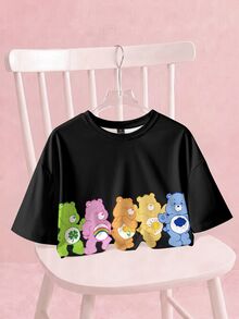 SHEIN X Care Bears Women's Cartoon Print Crew Neck Cropped T-Shirt - White - View 1