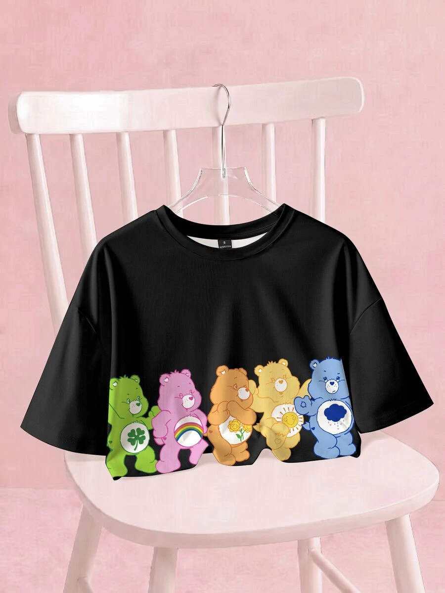 SHEIN X Care Bears Women's Cartoon Print Crew Neck Cropped T-Shirt - White - View 1
