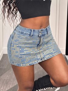 SHEIN MOD Women's Button Casual Daily Denim Mini Skirt - Light Wash - View 3