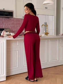 SweetSlumber طقم بيجامة نسائي محبوك بأكمام طويلة وبنطال بتصميم حلو وحار - عنابي اللون - مشاهدة 2