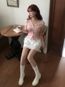 DAZY 女款素色修身短版長袖V領休閒度假韓風秋冬針織開襟外套 - 粉色 - 查看 6