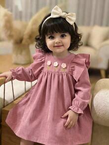 SHEIN Baby Girl Cute Casual Pink Corduroy Floral Pattern Dress - Pink - View 8