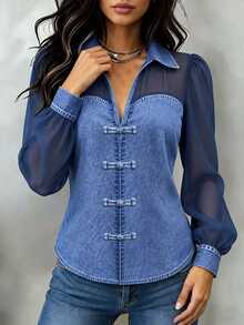 EMERY ROSE Women's Daily Blue Denim Effect Print Patchwork Chiffon Collared Lantern Sleeve Long Sleeve Sheer Casual Blouse, Suitable For Spring And Autumn Daily Wear, Shopping, Dating And Commuting, Also An Ideal Choice For Back To School Season, Versatile Style Shirt - Blue - View 3