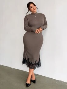 Firerie Plus Size French Lace Patchwork Waist-Cinching Dress - Brown - View 6