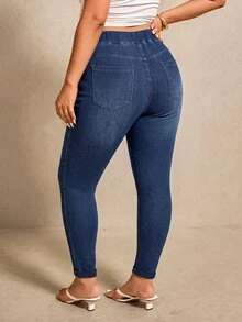 SHEIN ICON Plus Size Women's Casual Everyday Denim Jeans With Pockets - Medium Wash - View 2