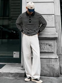 Manfinity CasualCool 男士條紋 Polo 衫，復古幾何提花休閒上衣 / 男士休閒通勤拼色長袖 Polo 衫 - 黑與白 - 查看 4