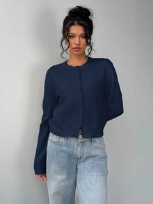SHEIN Tall CURVE 大尺碼女款純色休閒百搭日常開襟衫 - 水鴨藍 - 查看 3