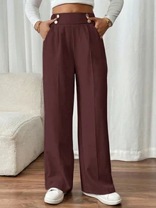 SHEIN PETITE CURVE Plus Size Women's Double Buckle Straight Leg Elegant Commuter Pants - Coffee Brown - View 5