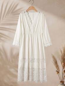 Rusticease Plus Size Women's Contrast Lace V-Neck Long Sleeve Elegant Dress - Apricot - View 2