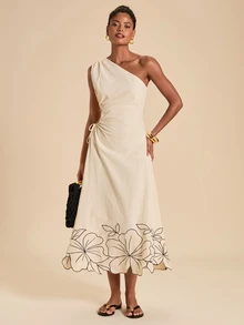 Travachic Women's Floral Print One-Shoulder Sleeveless Elegant Dress - Apricot - View 1