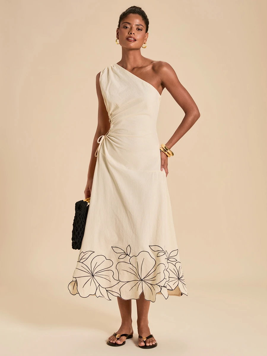 Travachic Women's Floral Print One-Shoulder Sleeveless Elegant Dress - Apricot - View 1