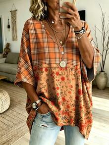 EMERY ROSE Plus Size Women's Boho Orange Plaid & Floral V-Neck Patchwork Batwing Sleeve Asymmetric Hem T-Shirt,Fall Casual Loose Tummy Coverage Going Out Tops - Multicolor - View 3