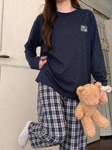 DAZY Women's Denim Long Sleeve Top And Patch Pants Casual Daily Loungewear Set - Navy Blue - View 4