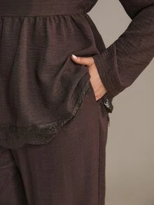 Freevana Square Neck Peplum Top And Wide-Leg Pants Two Pieces Set With Lace Hem, High-Waist Elegant Outfit Fall - Mocha Brown - View 7