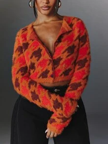 NYA SZN Women's Geometric Pattern Long Sleeve Single-Breasted Knit Cardigan - Multicolor - View 4